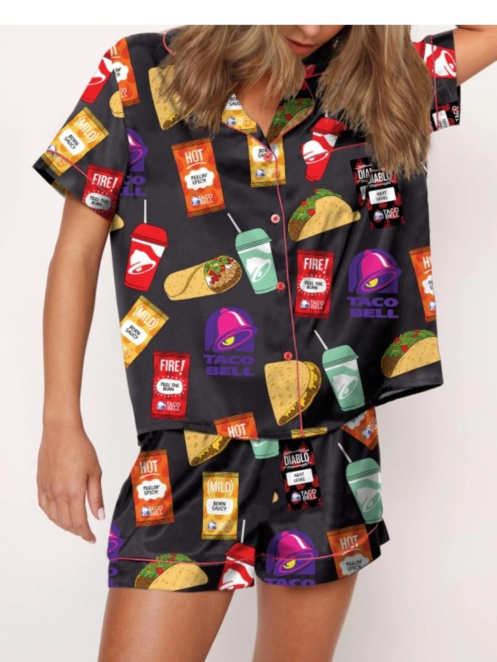 NWT Sheshow Black Satin Taco Bell Pajama Shorts Set, XS